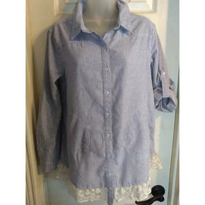 Umgee Button Down Shirt Blue White Stripes Lace Hem High Low Sz S Boho Cottage